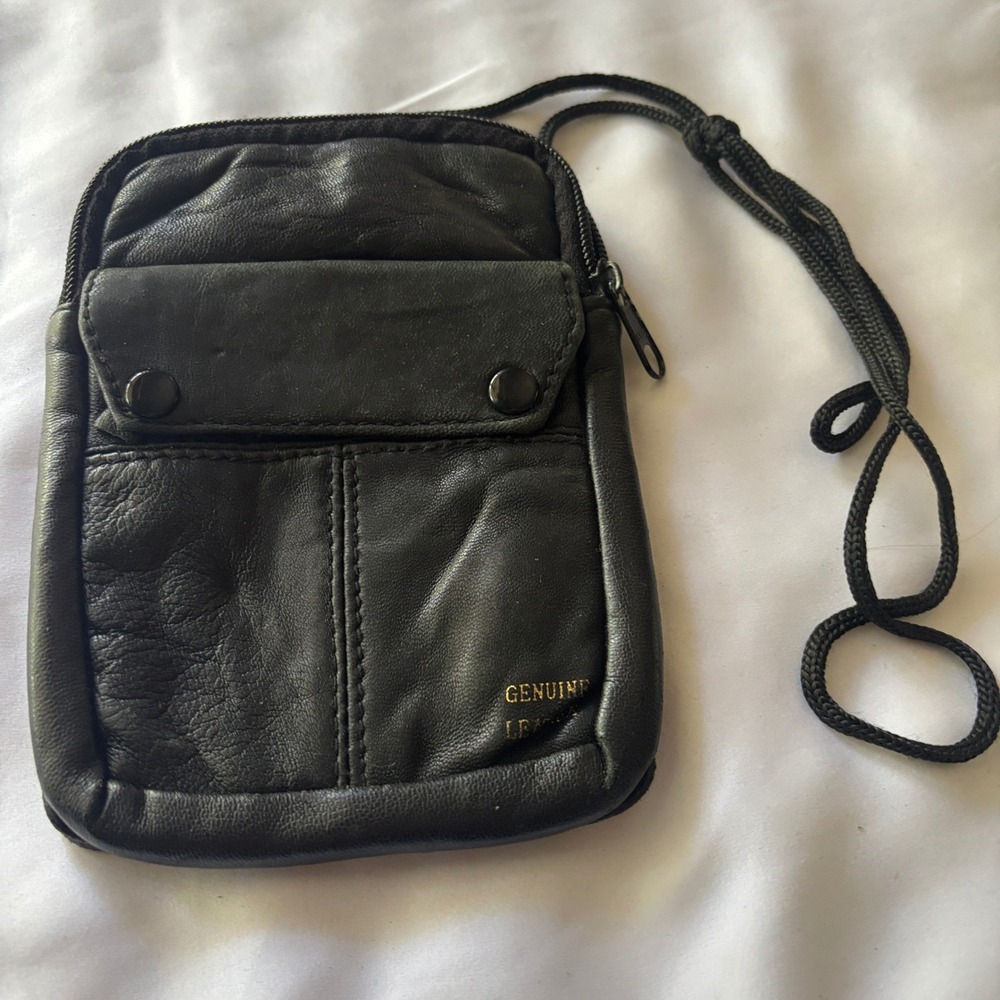 Vintage Black Genuine Leather Neck Pouch Utility Crossbody Travel Bag 5x7